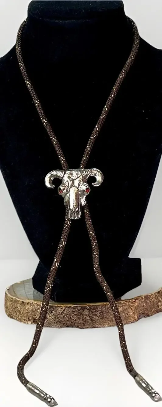 Western Ram Skull Bolo Tie Silver Tone Red Eyes Brown Braided Cord 33”